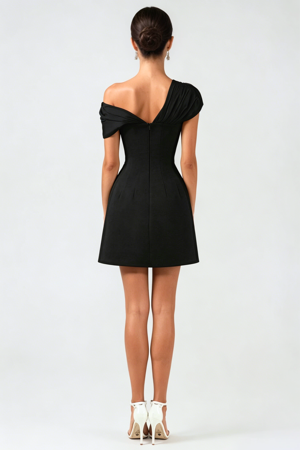 Off Shoulder Buttoned Mini Dress - Black