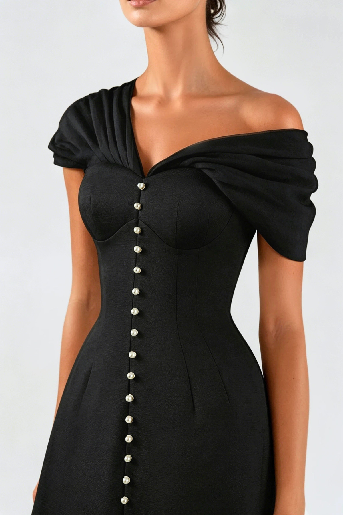 Off Shoulder Buttoned Mini Dress - Black
