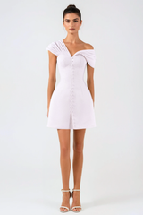Off Shoulder Buttoned Mini Dress - Pink
