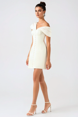 Off Shoulder Buttoned Mini Dress - White