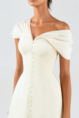 Off Shoulder Buttoned Mini Dress - White