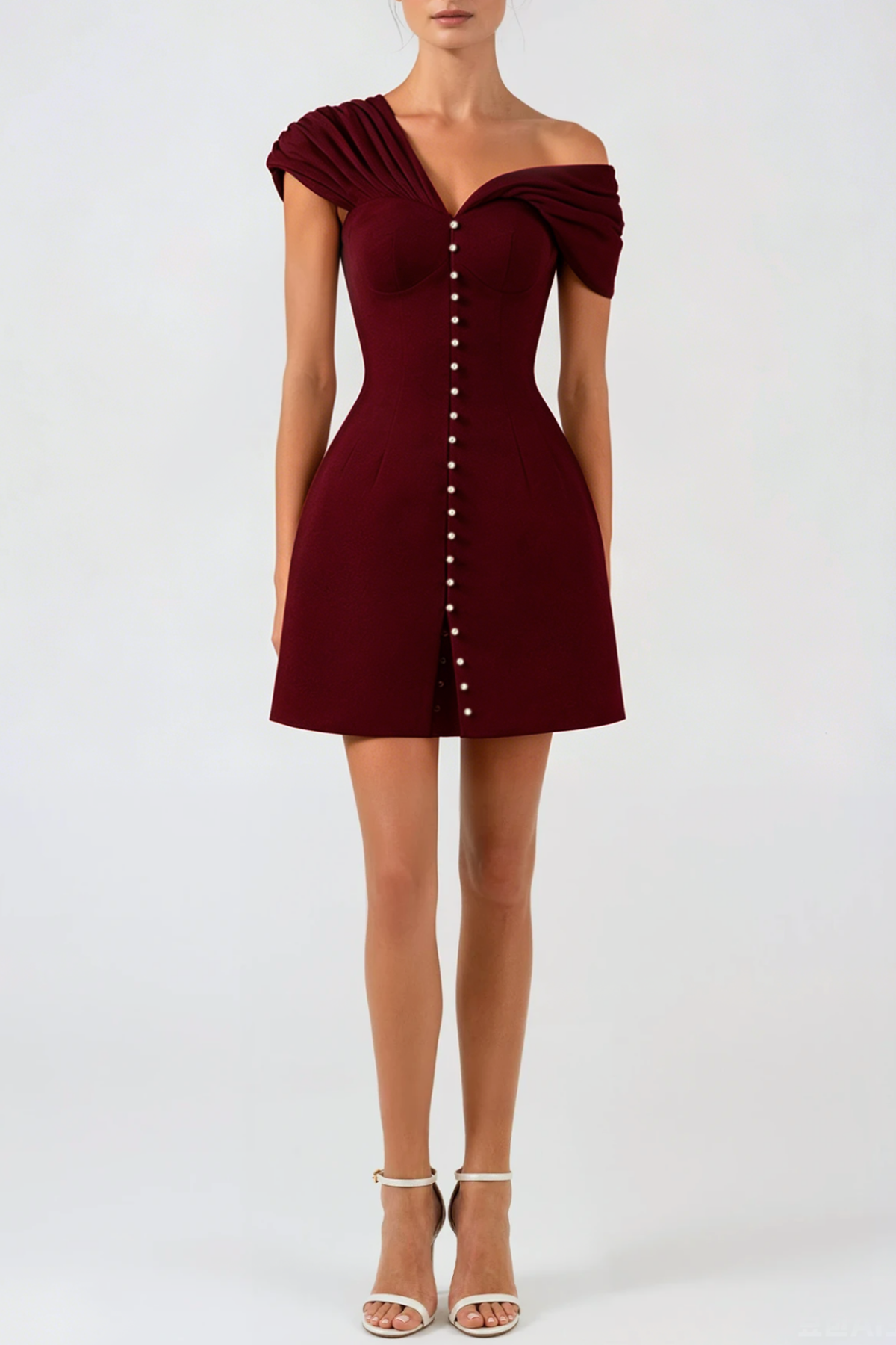 Off Shoulder Buttoned Mini Dress - Wine