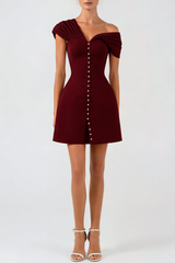 Off Shoulder Buttoned Mini Dress - Wine