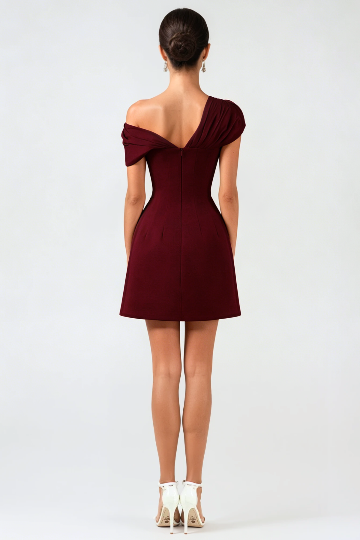 Off Shoulder Buttoned Mini Dress - Wine