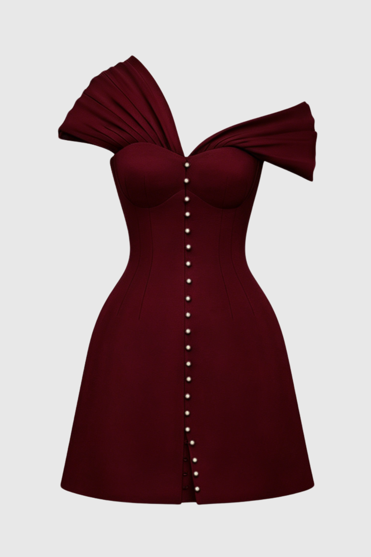 Off Shoulder Buttoned Mini Dress - Wine
