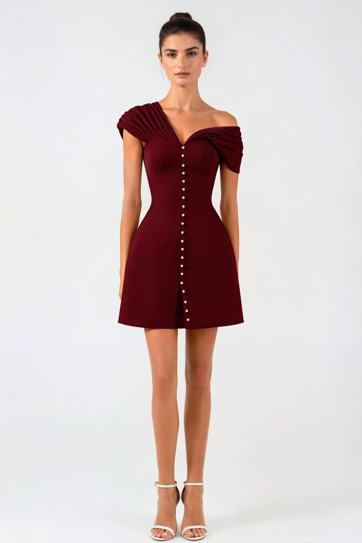 Off Shoulder Buttoned Mini Dress - Wine