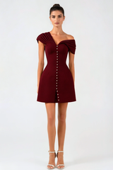 Off Shoulder Buttoned Mini Dress - Wine