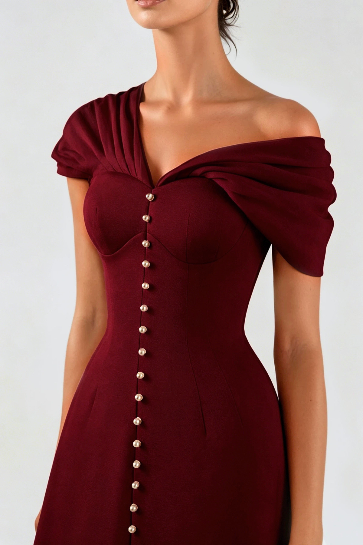 Off Shoulder Buttoned Mini Dress - Wine