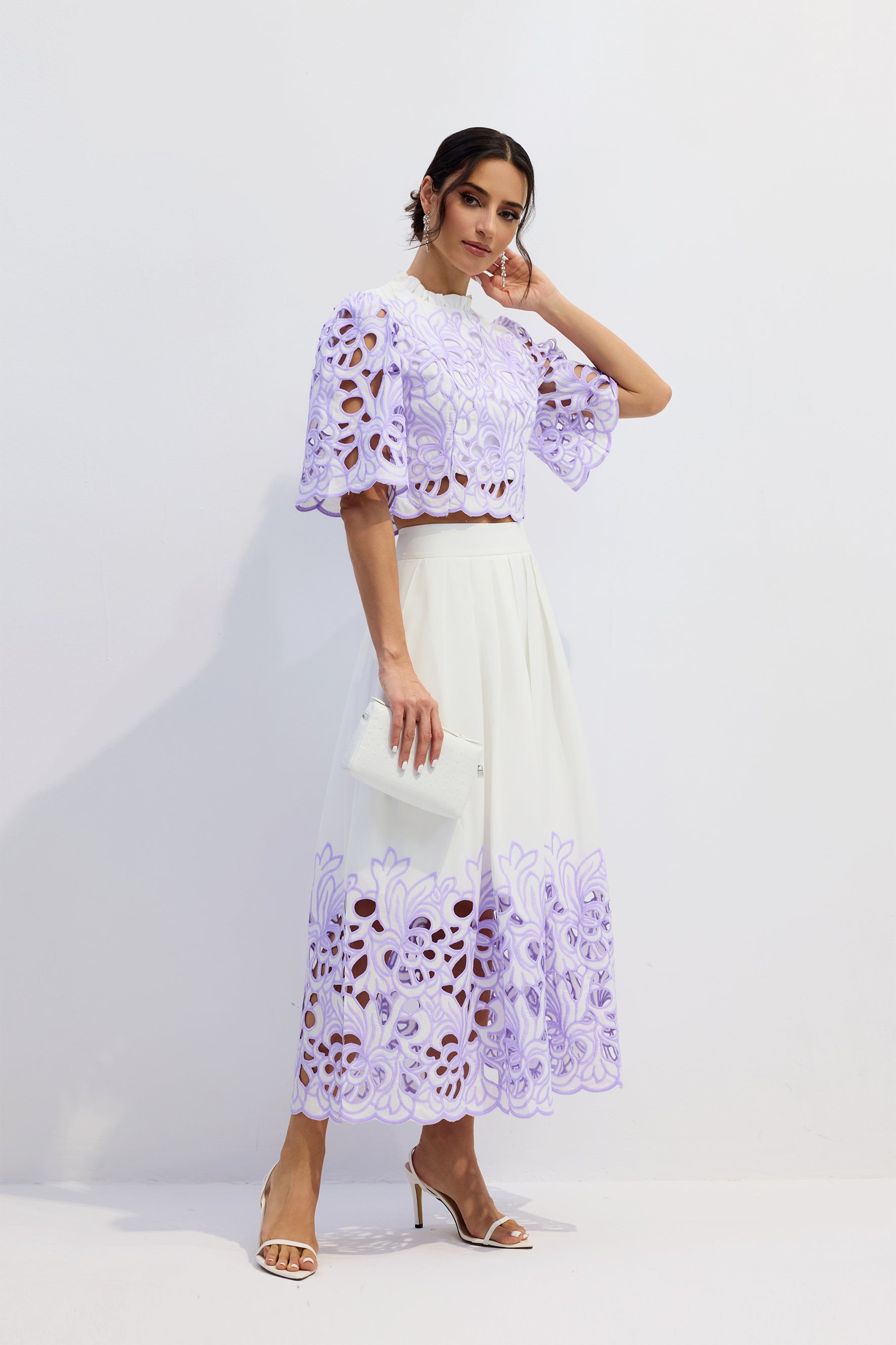 Floral Embroidered Two-Piece Set in Purple