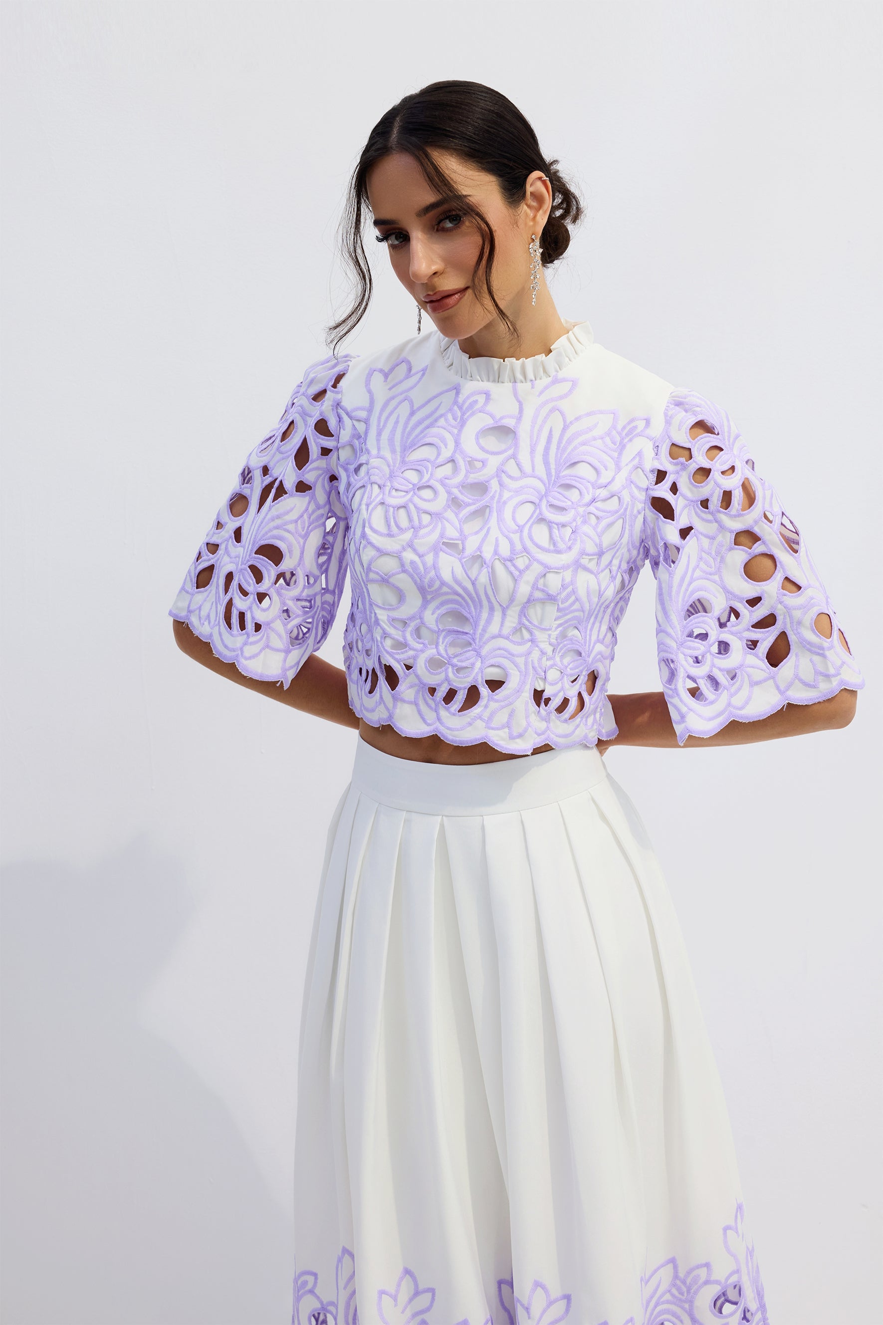 Floral Embroidered Two-Piece Set in Purple