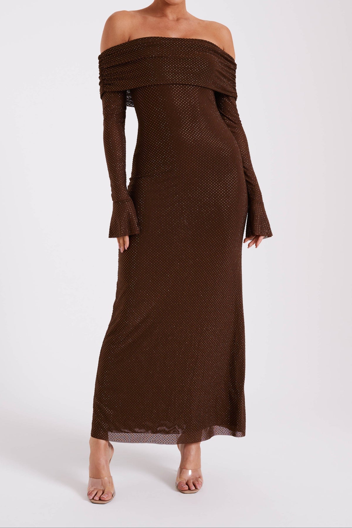 Sequin Off Shoulder Sequin Maxi Dress - Chocolate