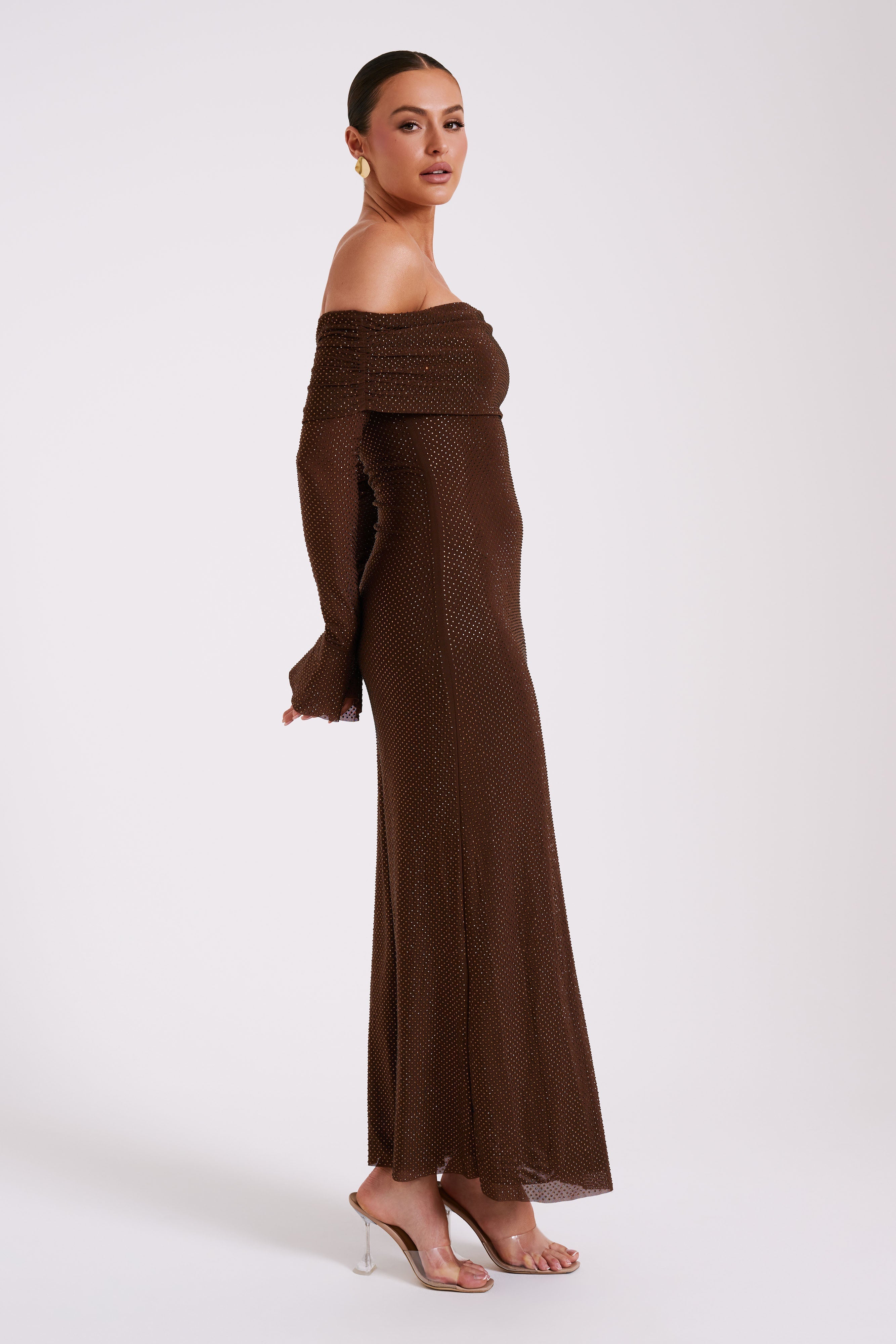 Sequin Off Shoulder Sequin Maxi Dress - Chocolate