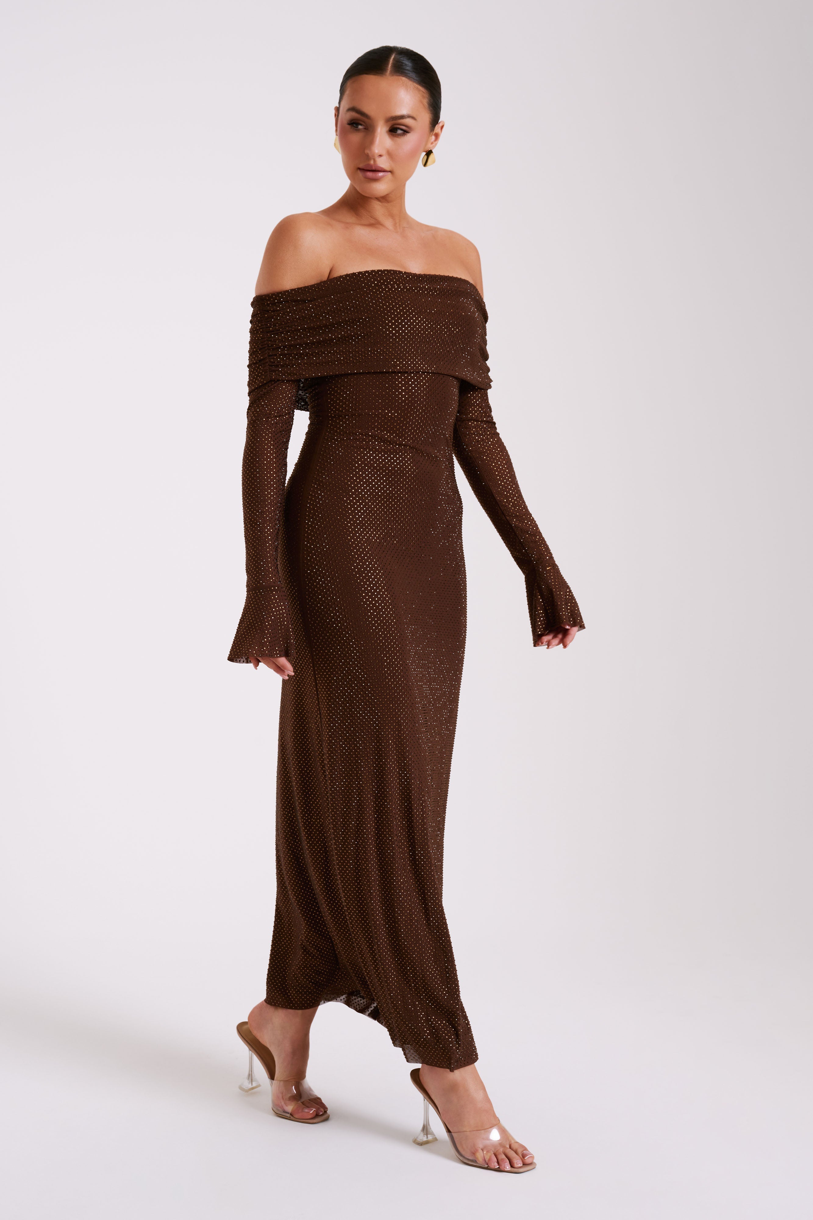Sequin Off Shoulder Sequin Maxi Dress - Chocolate