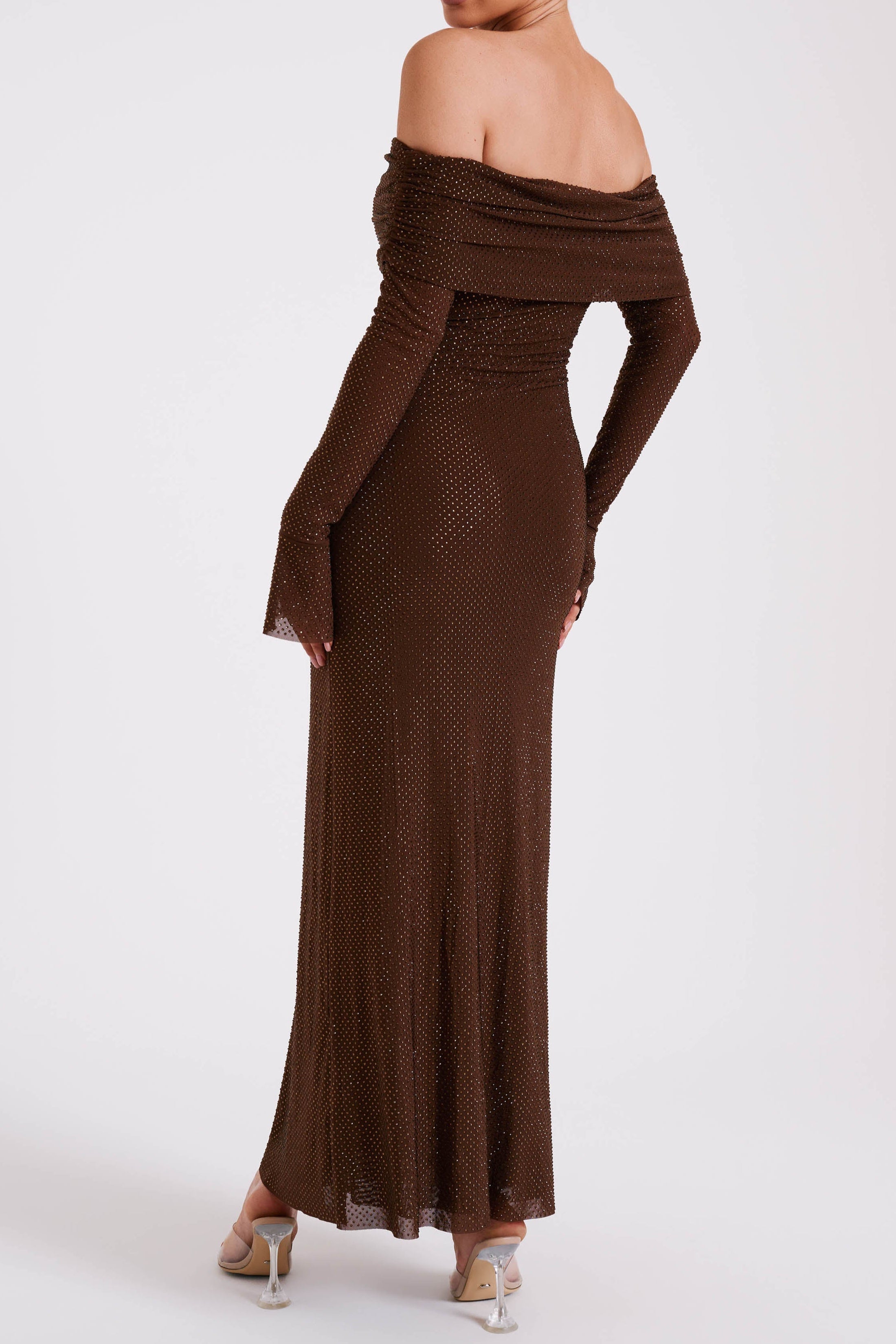 Sequin Off Shoulder Sequin Maxi Dress - Chocolate