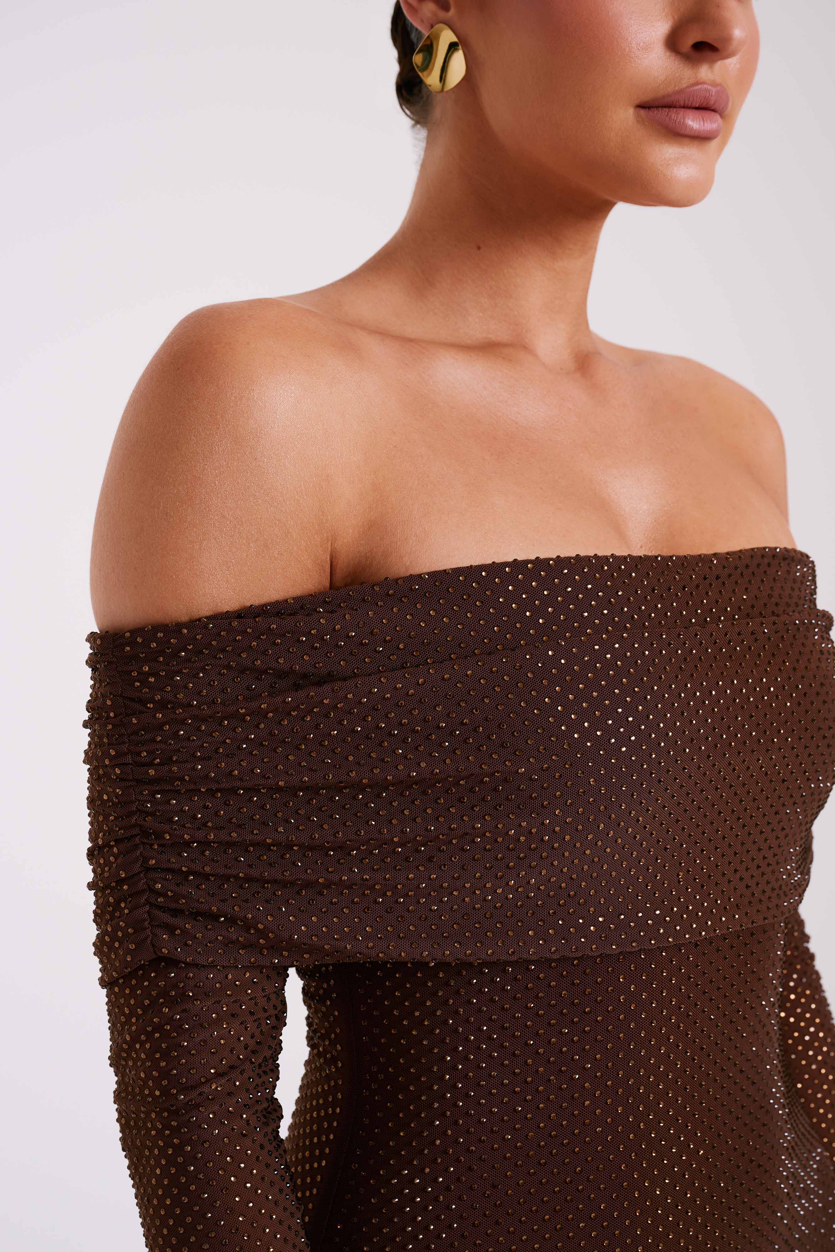 Sequin Off Shoulder Sequin Maxi Dress - Chocolate