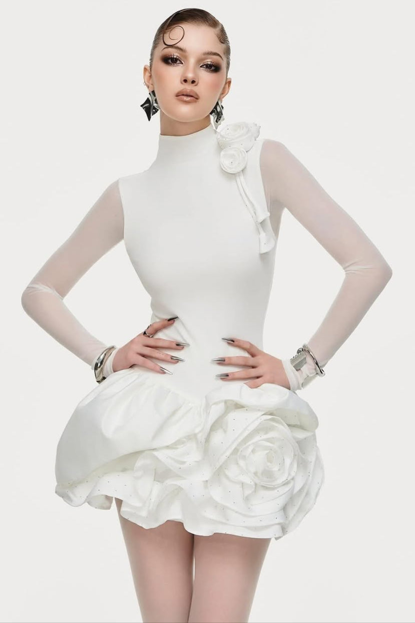 3D Flower Hem Mesh Mini Dress in White