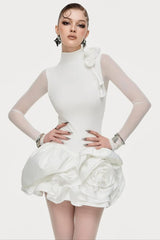 3D Flower Hem Mesh Mini Dress in White
