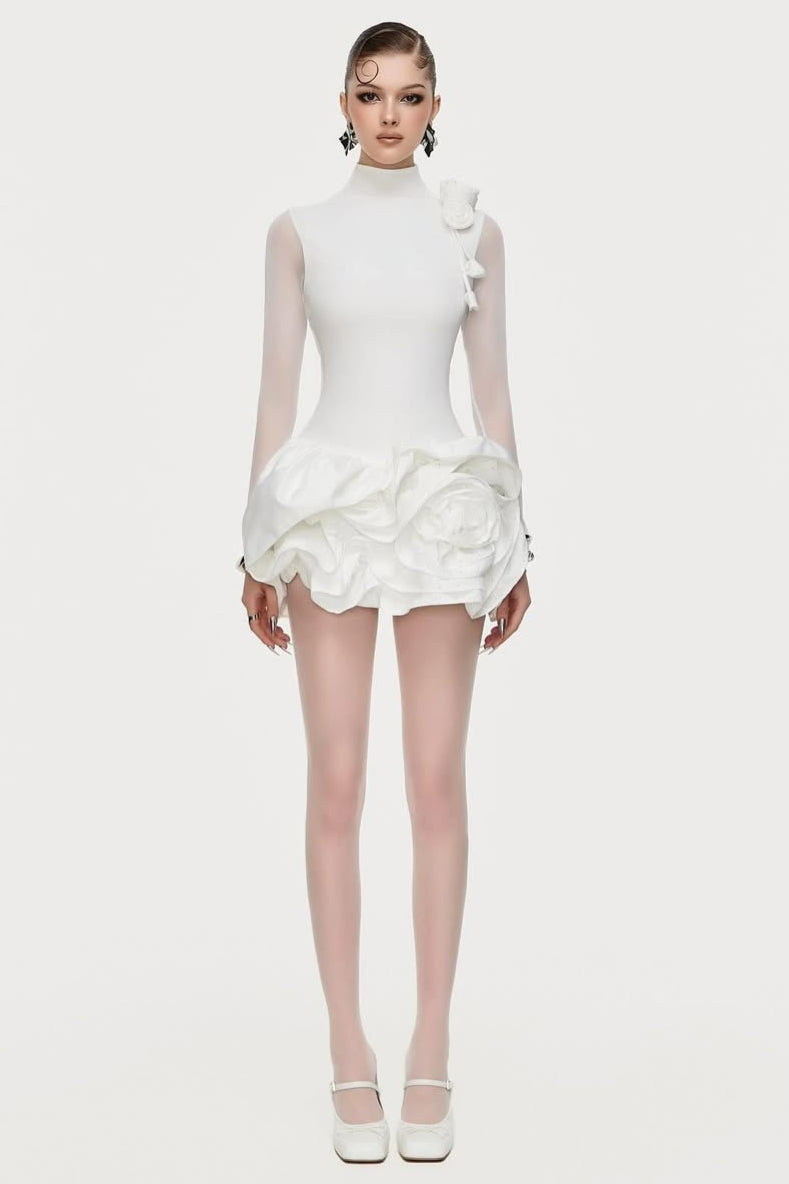 3D Flower Hem Mesh Mini Dress in White