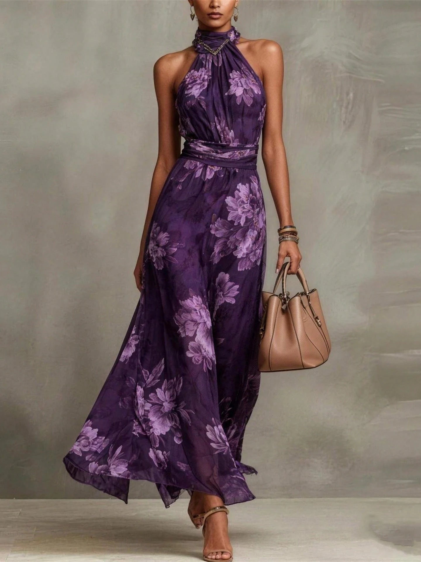 Green Floral Halter Maxi Dress