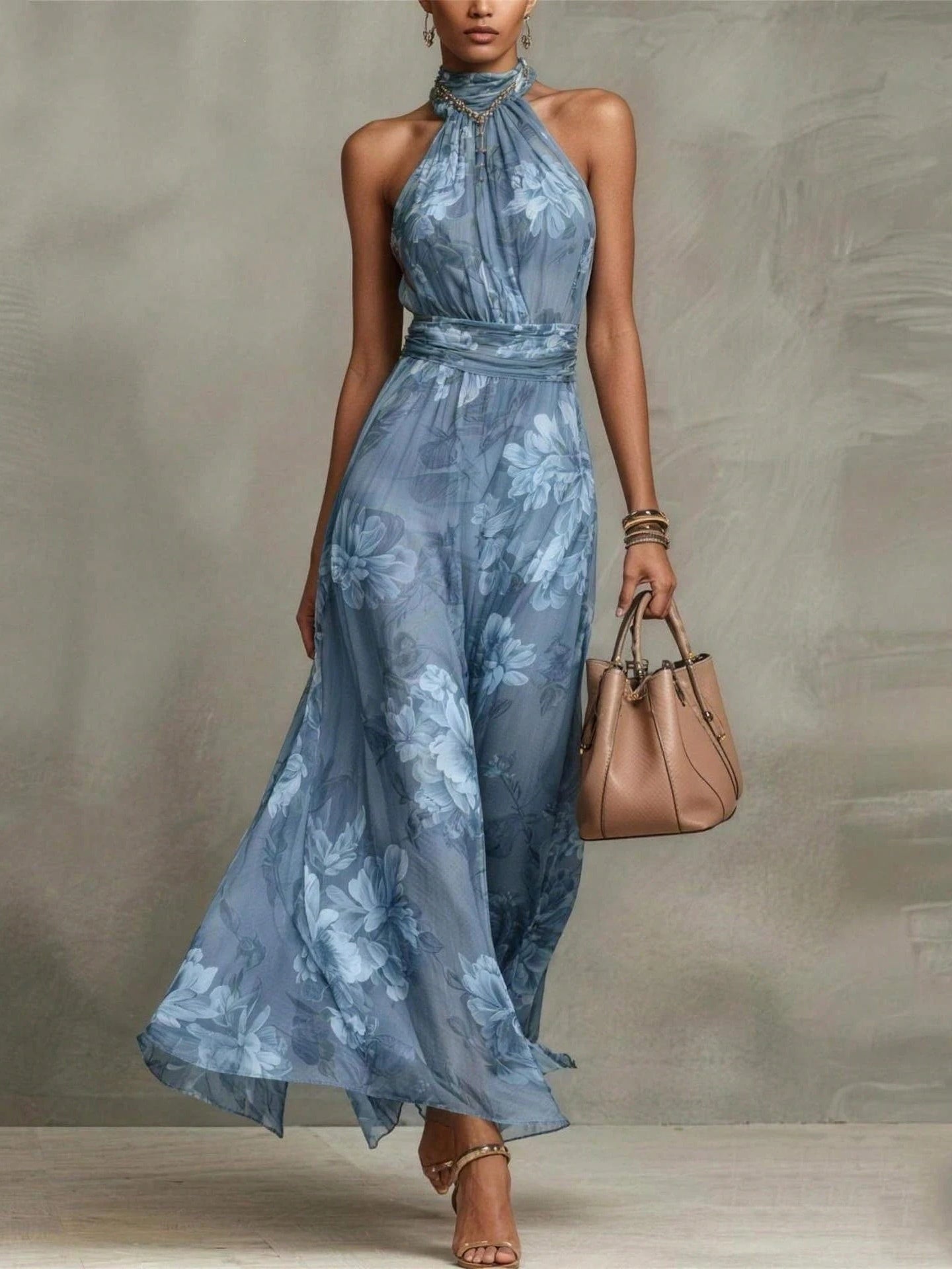 Green Floral Halter Maxi Dress