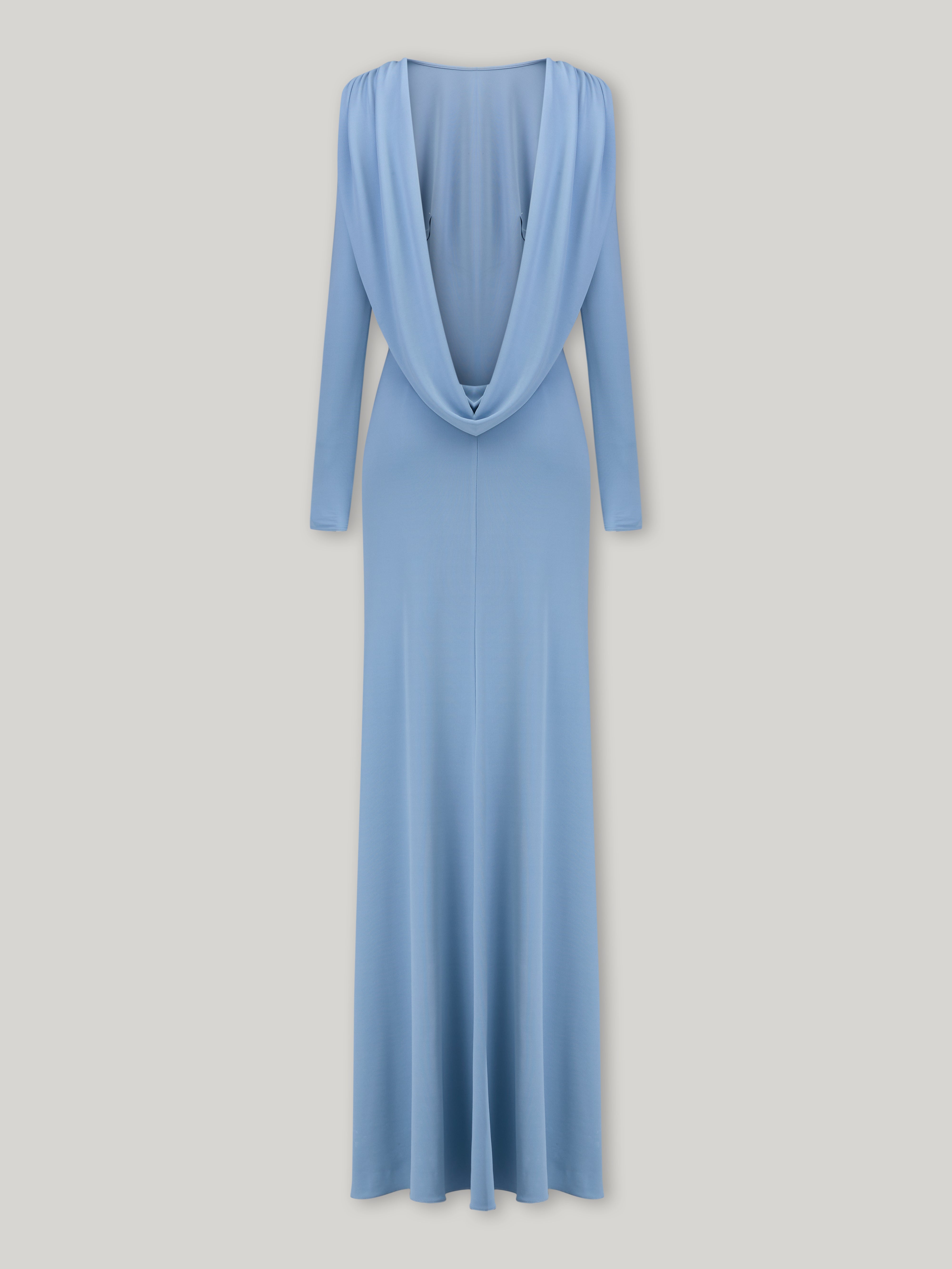 Knitted Long Sleeves Backless Bodycon Maxi Dress in Blue