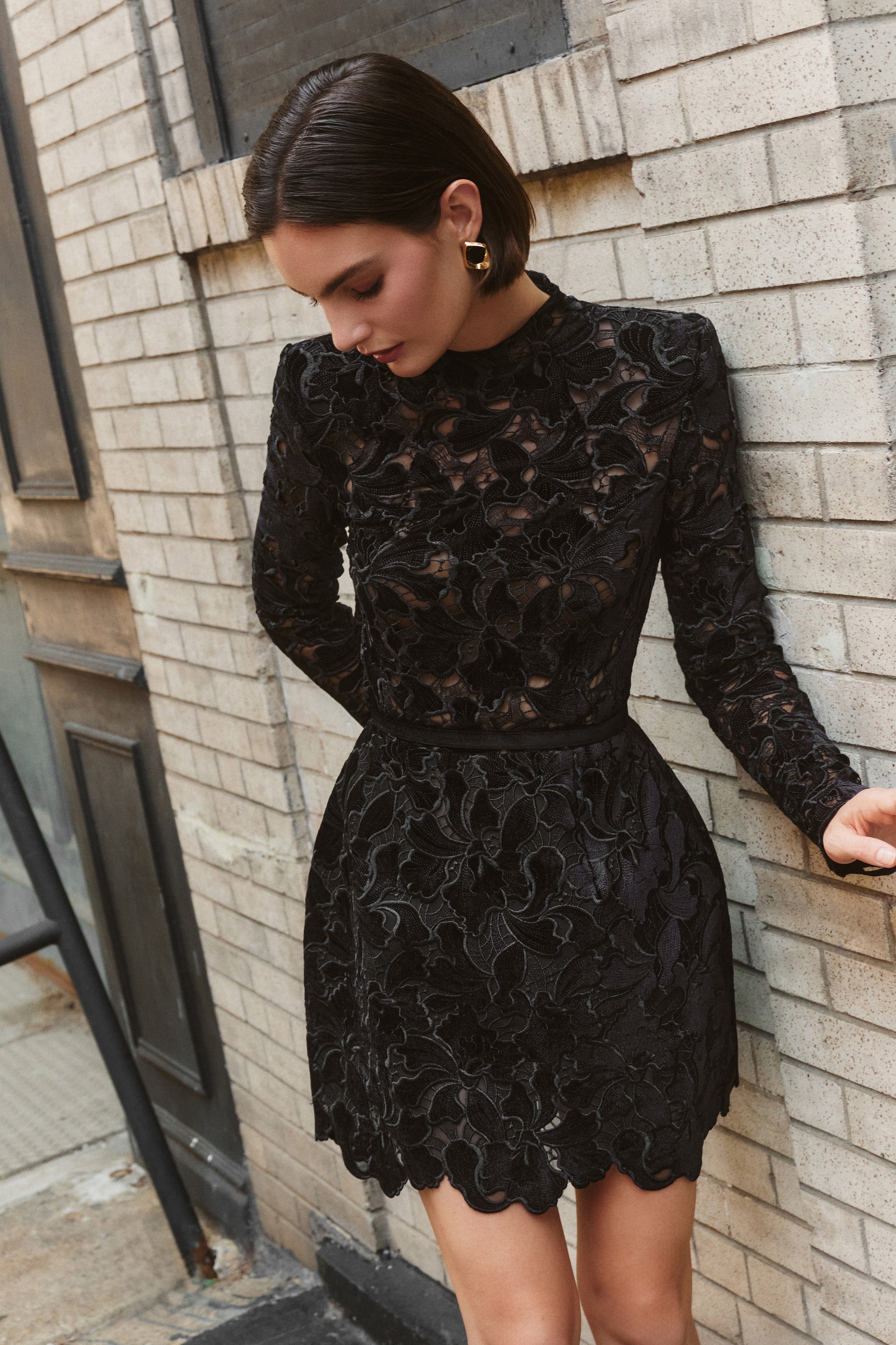 Long-Sleeved Zippered Lace Mini Dress in Black