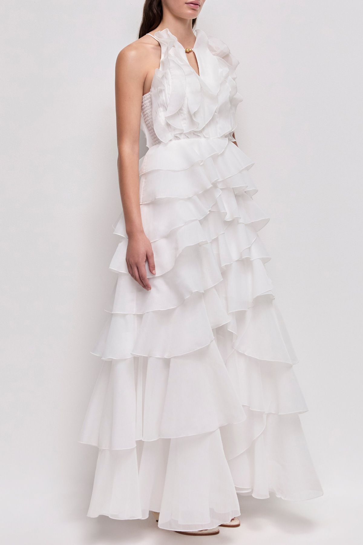 Halter Ruffle Maxi Dress - White
