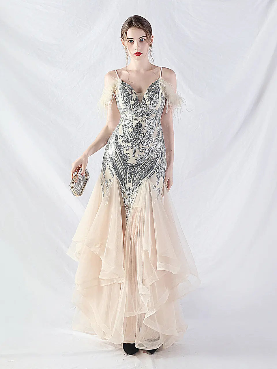 Feather Sequin Maxi Dress