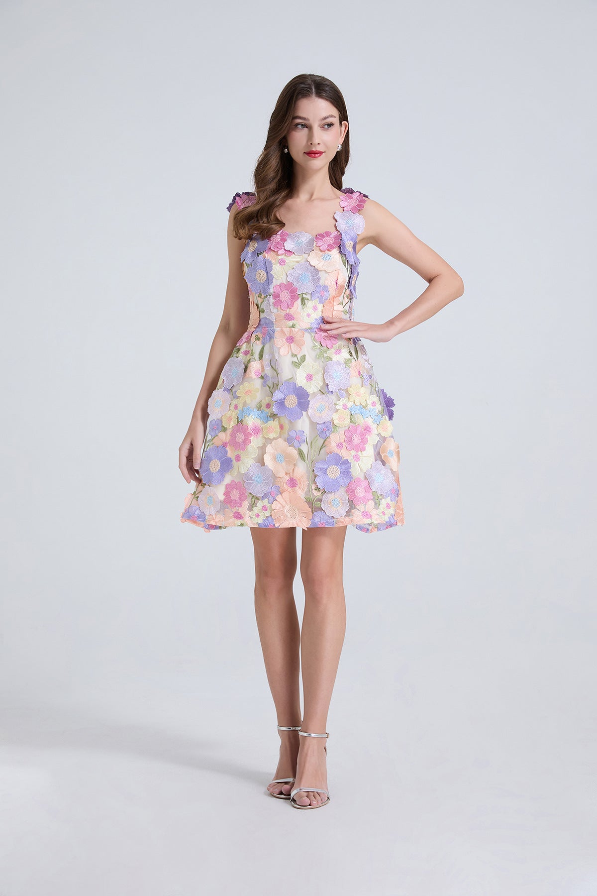 3d Floral Lace Mini Dress in Purple