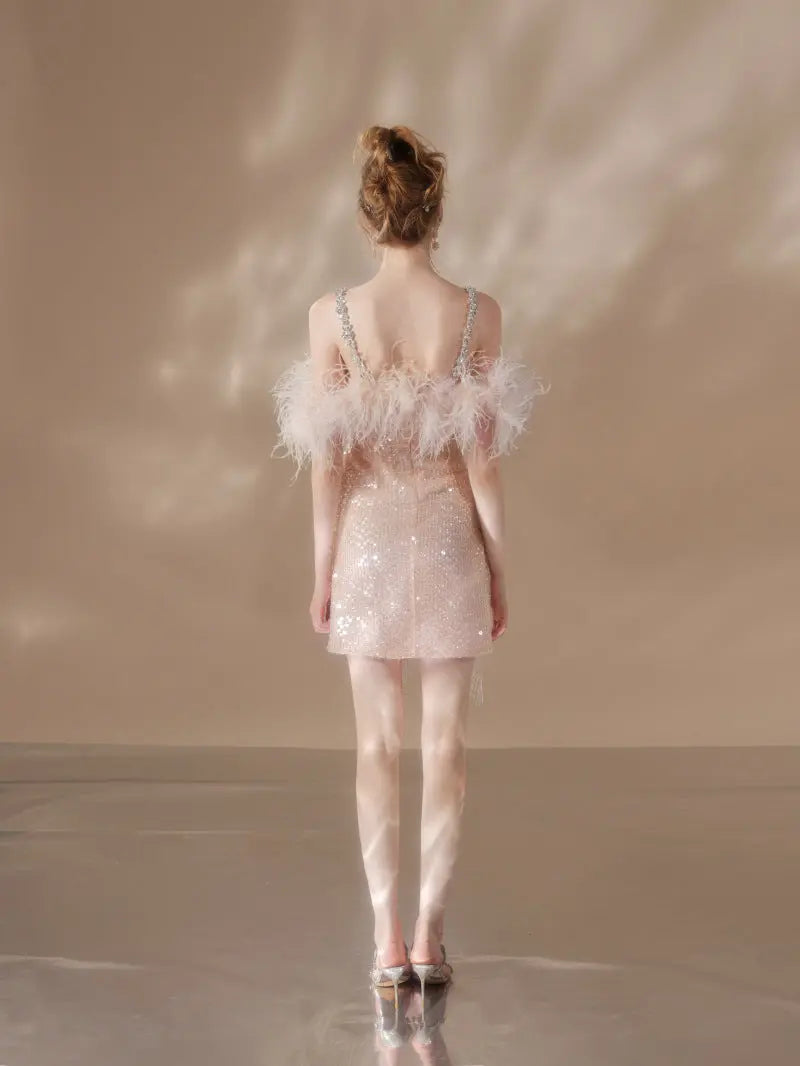 Feather Crystal-Strap Mini Dress in Pink