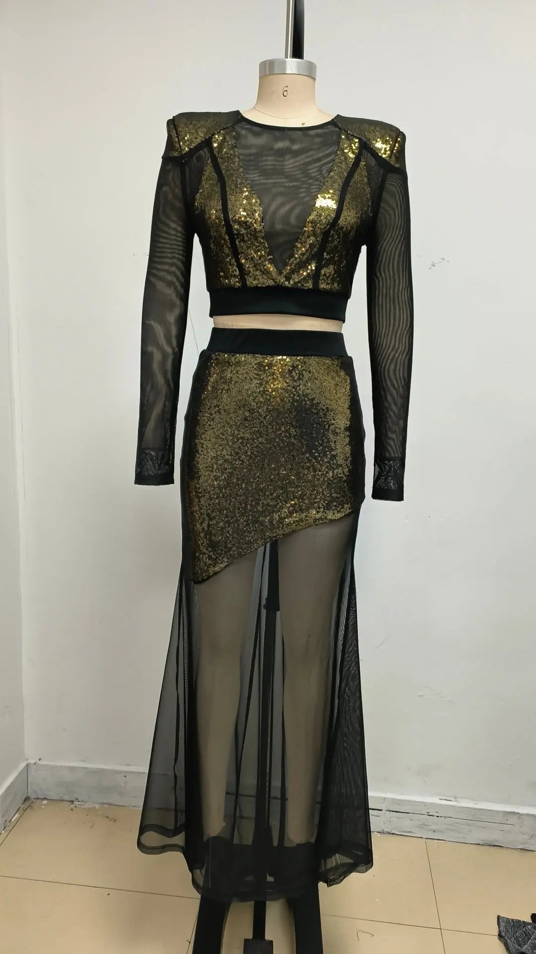 Gold Sequin Mesh Patchwork Sheer Two-Piece Set