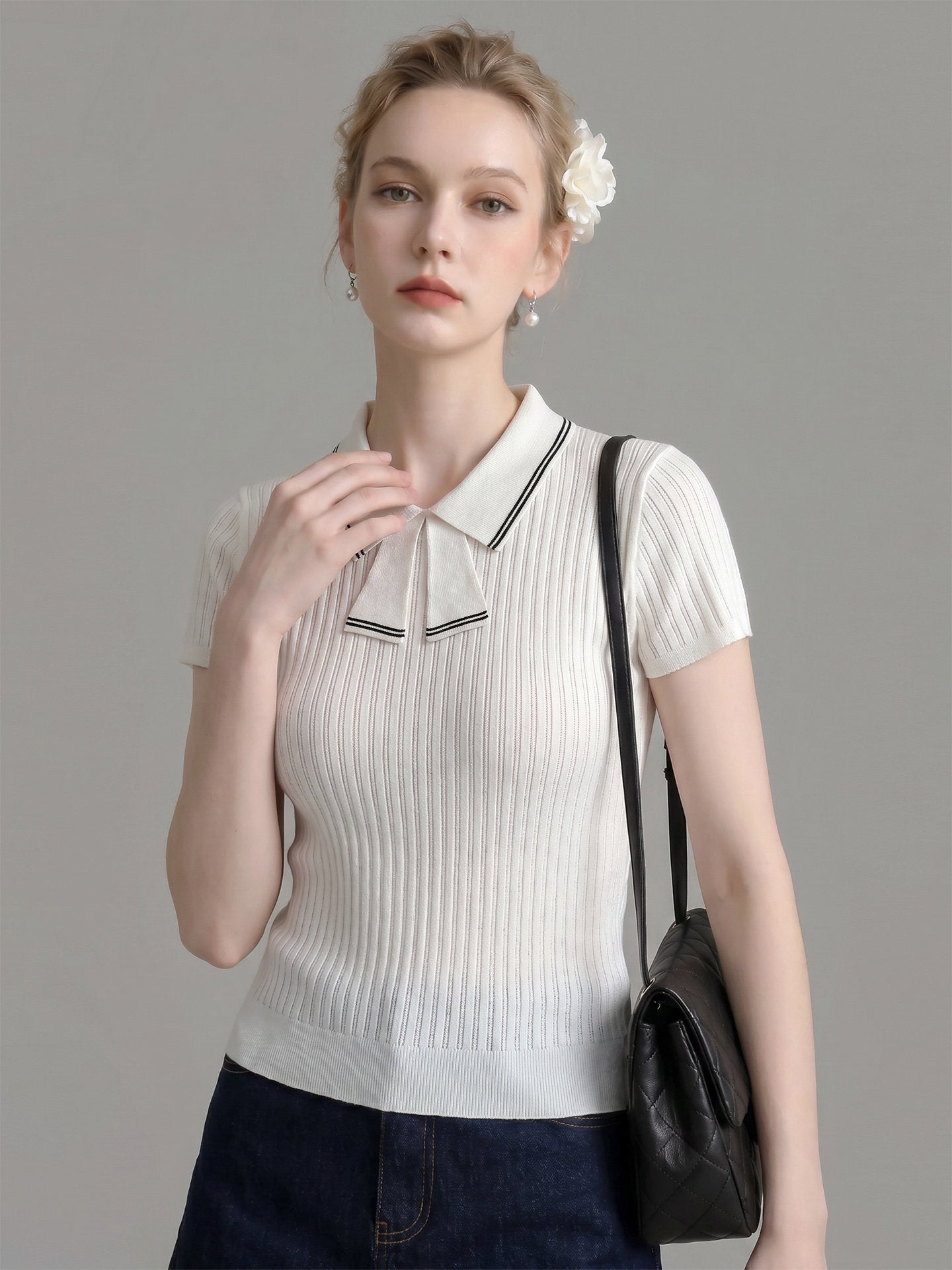 Collar Tie Ribbed Knit Short Sleeve Top