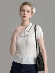 Collar Tie Ribbed Knit Short Sleeve Top
