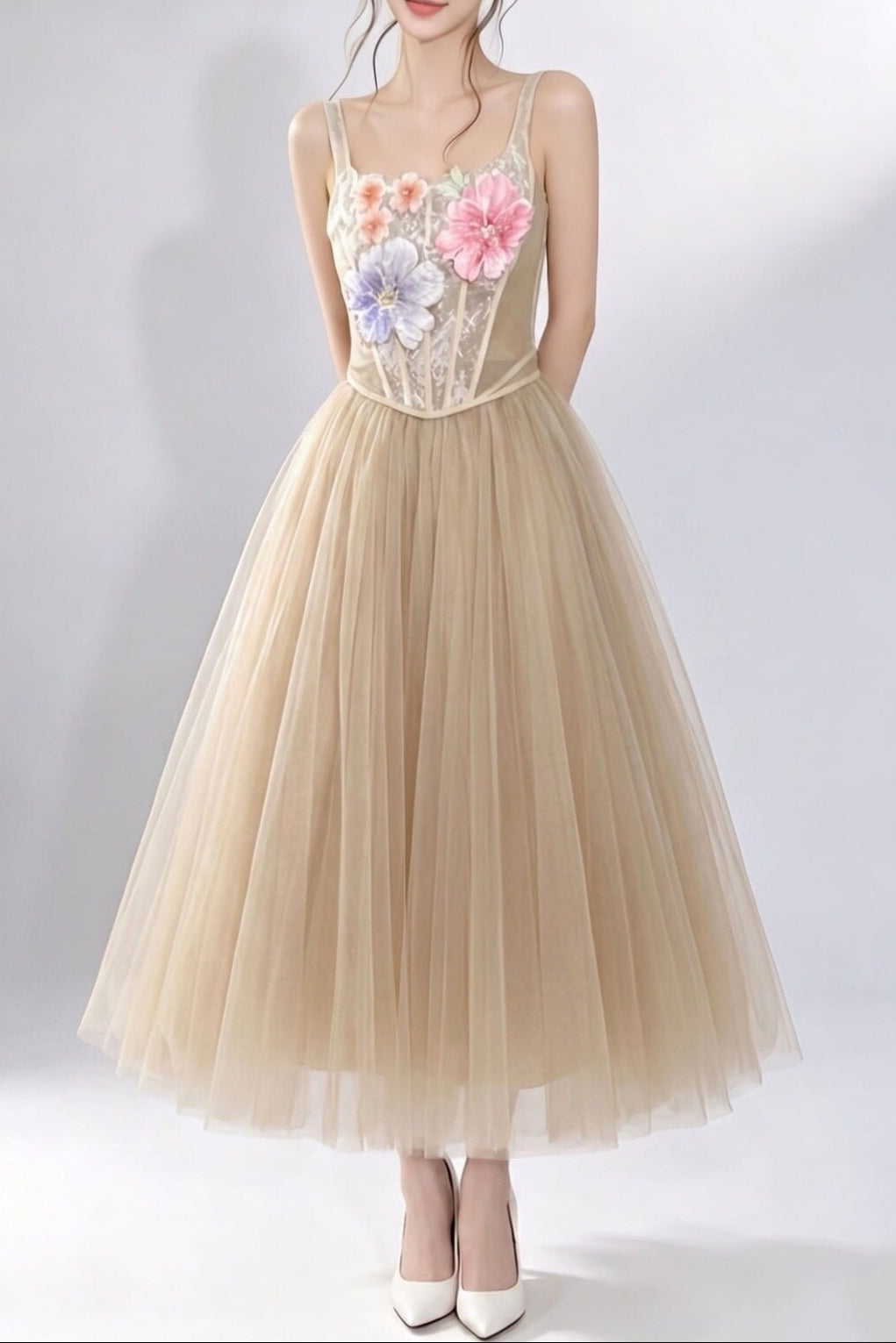 3D Floral Camisole Top & Skirt Set - Champagne