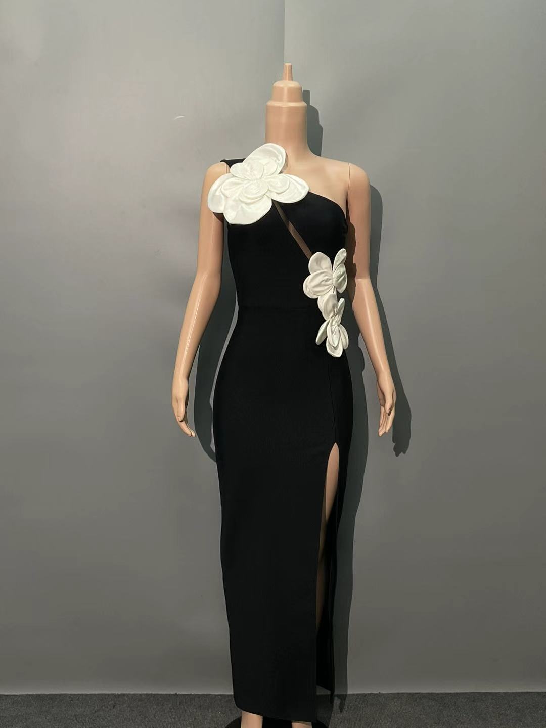 Black Sequin Flowers One Shoulder Bandage Maxi Dress