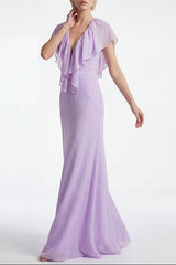 Deep V-Neck Lace Backless Maxi Dress in Purple