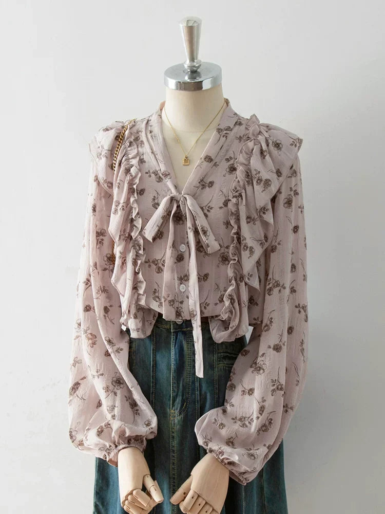V-Neck Self-Tie Ruffle Floral Print Puff Long Sleeve Blouse