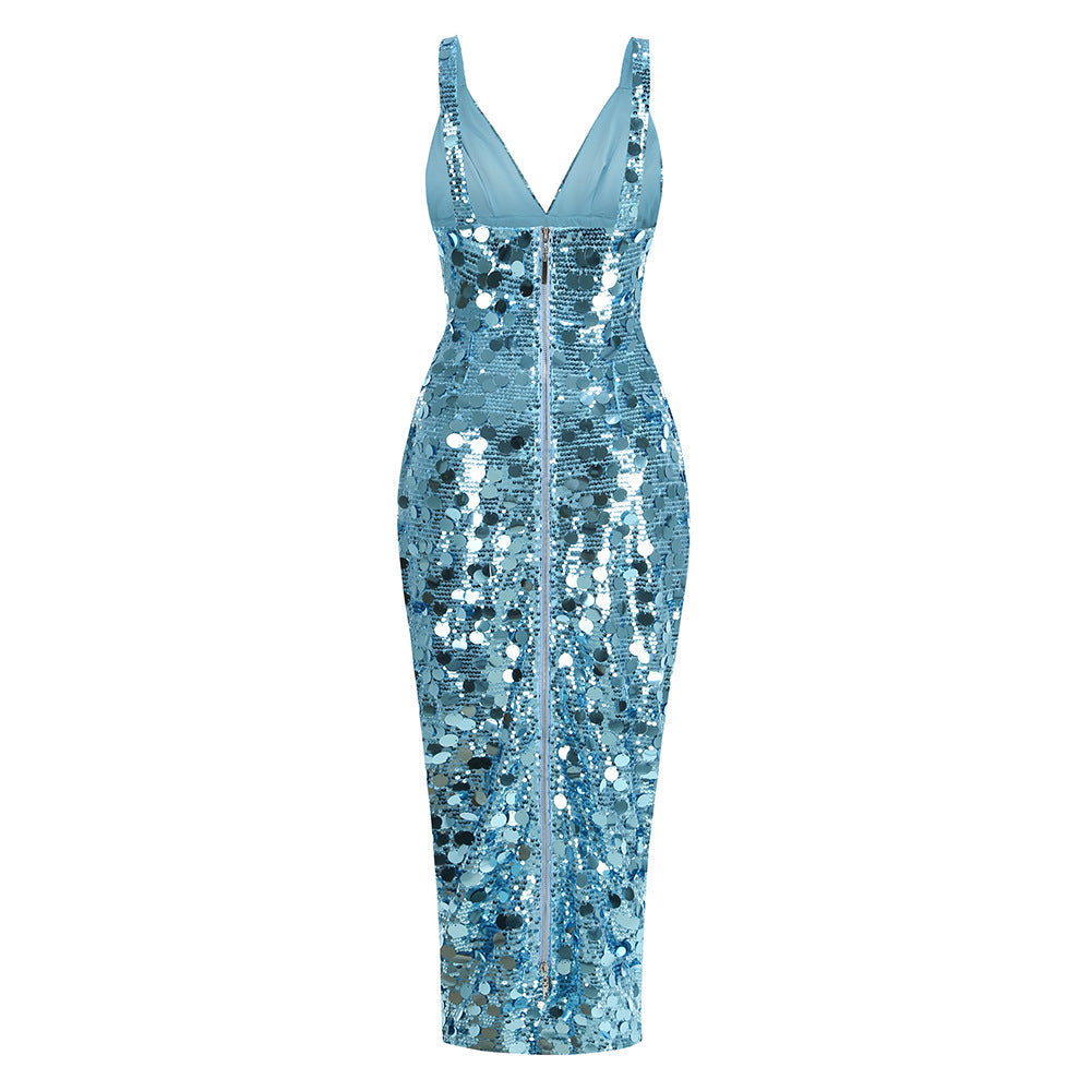 Sequin Deep V Maxi Dress in Blue