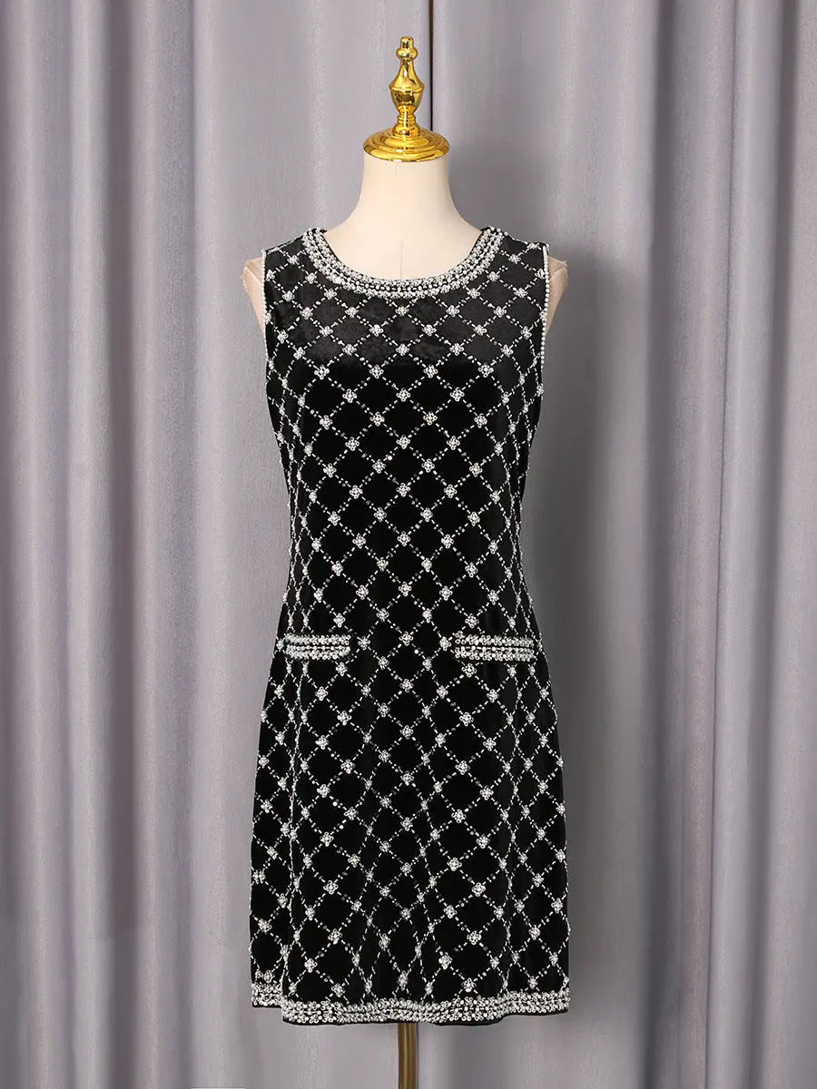 Black-white Plaid Diamond Sleeveless Mini Dress