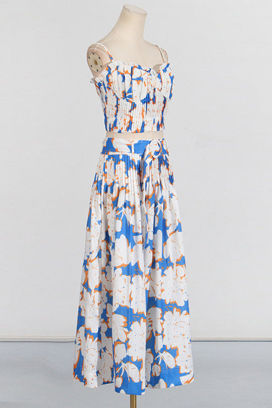 Floral-Print Linen Bustier Top Skirt Set in Blue