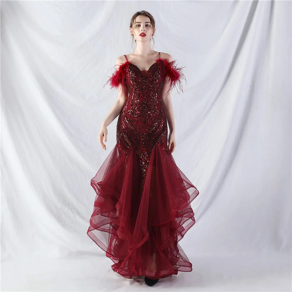 Feather Sequin Maxi Dress