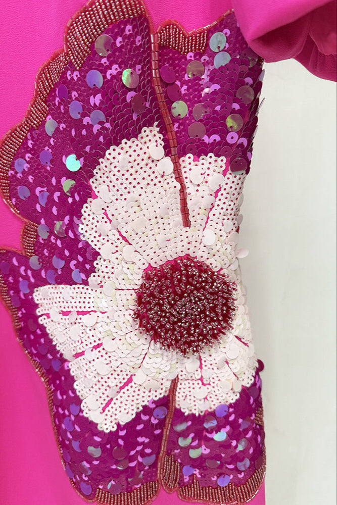 Sequin Flower Embellished Puff Sleeve Midi Dress in Pink