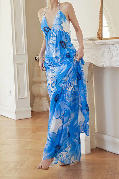Blue & White Floral Print Halter Neck Maxi Dress