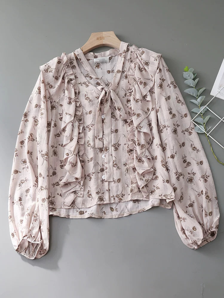 V-Neck Self-Tie Ruffle Floral Print Puff Long Sleeve Blouse