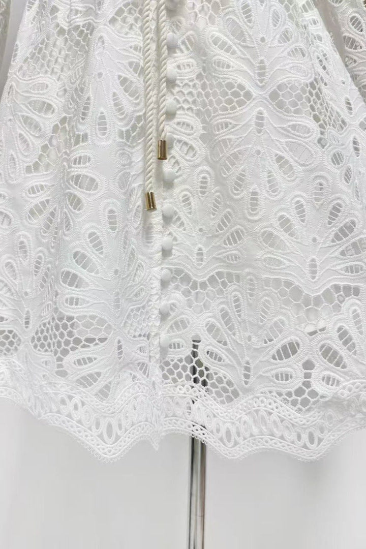 Hollow Embroidery Puff Sleeve Mini Dress in White