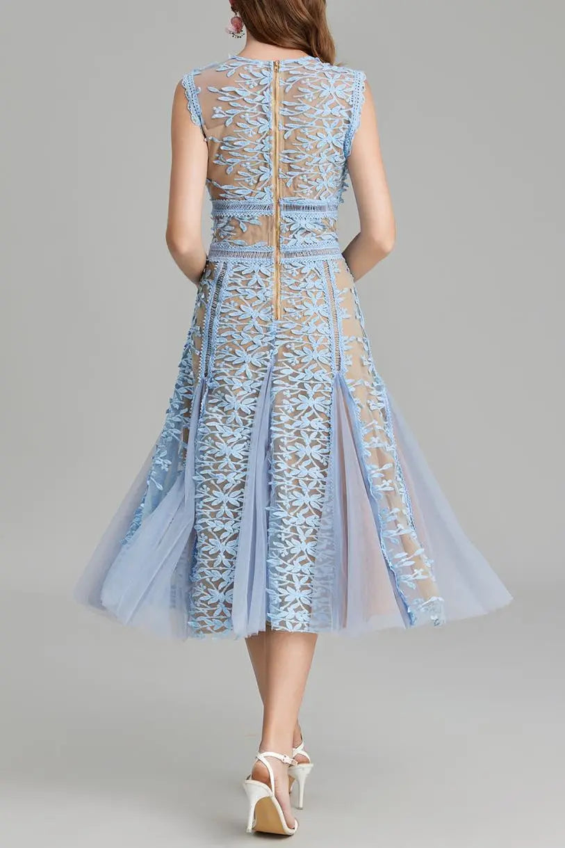 3D Embroidered Lace Mesh Midi Dress in Blue