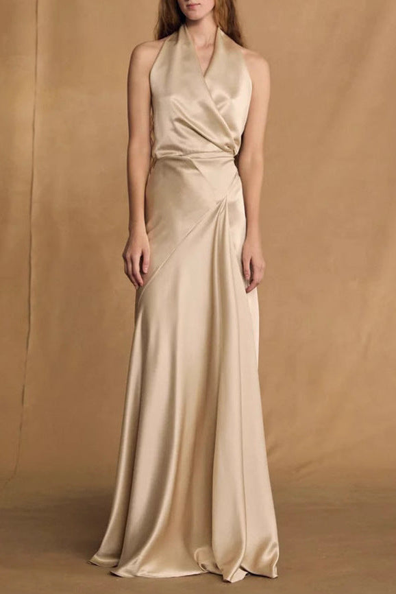 Champagne Crepe Bias-Cut Satin Halter Maxi Dress