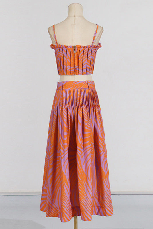 Floral-Print Linen Bustier Top Skirt Set in Blue