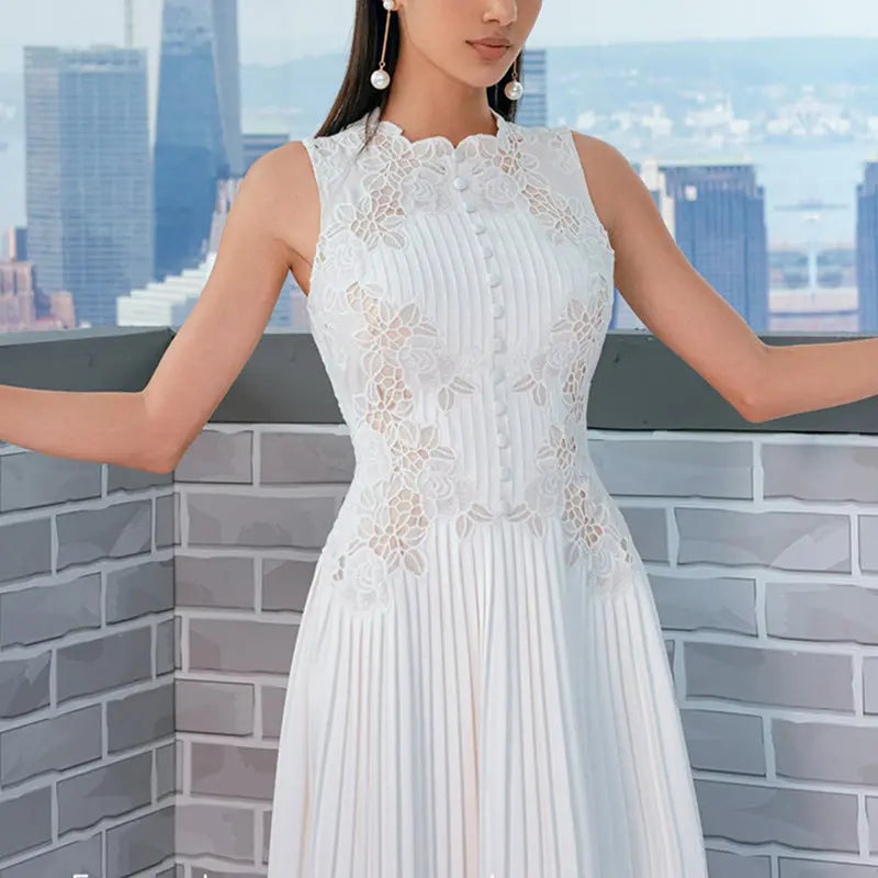 Lace Embroidery Midi Dress in White