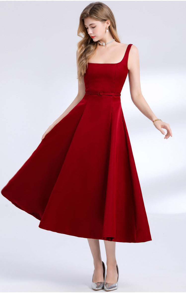 Square Neck Satin Slip Midi Dress - Red